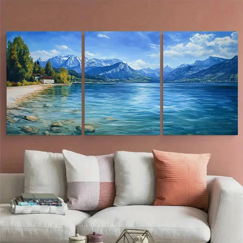3pcs Lake Annecy Travel Illustration Wall Art Set Canvas Framed 40x60cm - High Quality Print 100% Australian Made Wall Canvas Ready to Hang