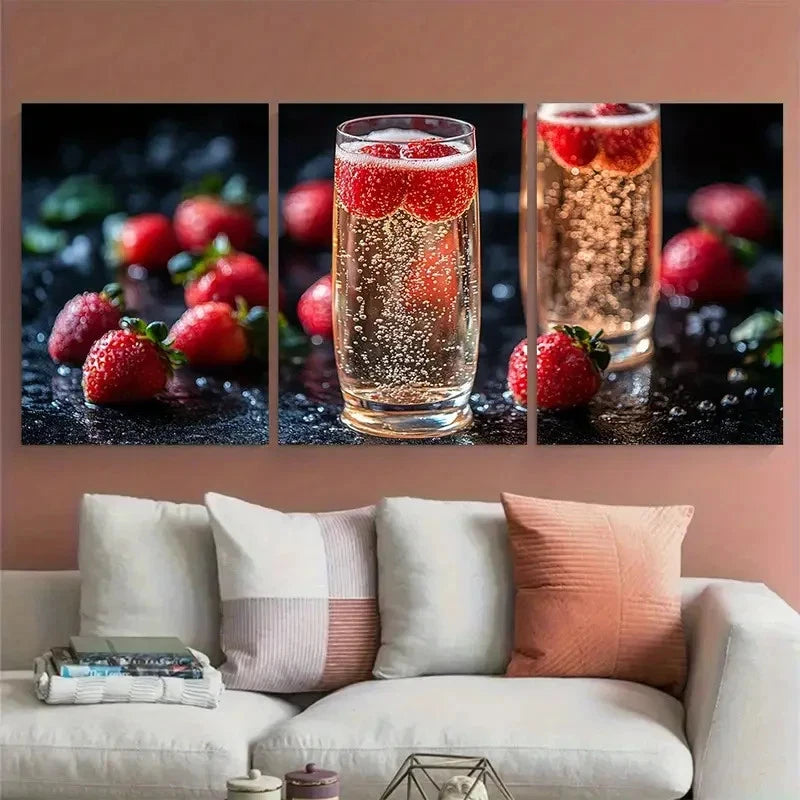 3pcs Elegant Champagne and Strawberries Design Wall Art Set Canvas Framed 60x90cm - High Quality Print 100% Australian Made Wall Canvas Ready to Hang
