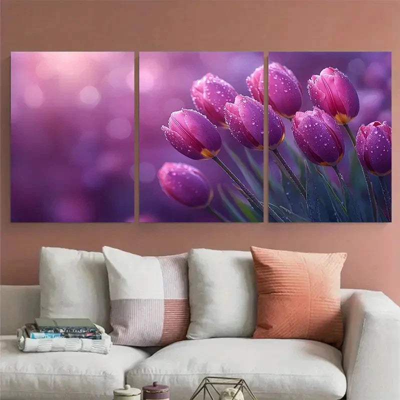 3pcs Tulip Bouquet Violet Toned Illustration Wall Art Set Canvas Framed 40x60cm - High Quality Print 100% Australian Made Wall Canvas Ready to Hang