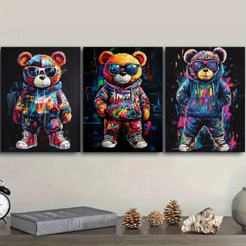 3pcs Featuring a Teddy Bear Adorned Solely Wall Art Set Canvas Framed 50x70cm - High Quality Print 100% Australian Made Wall Canvas Ready to Hang
