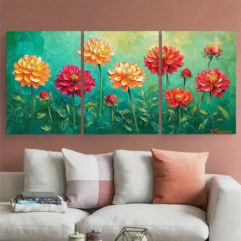 3pcs Dahlia Flowers Blooms Meadow Design Wall Art Canvas Unframed – High Quality Print 100% Australian Made Wall Canvas