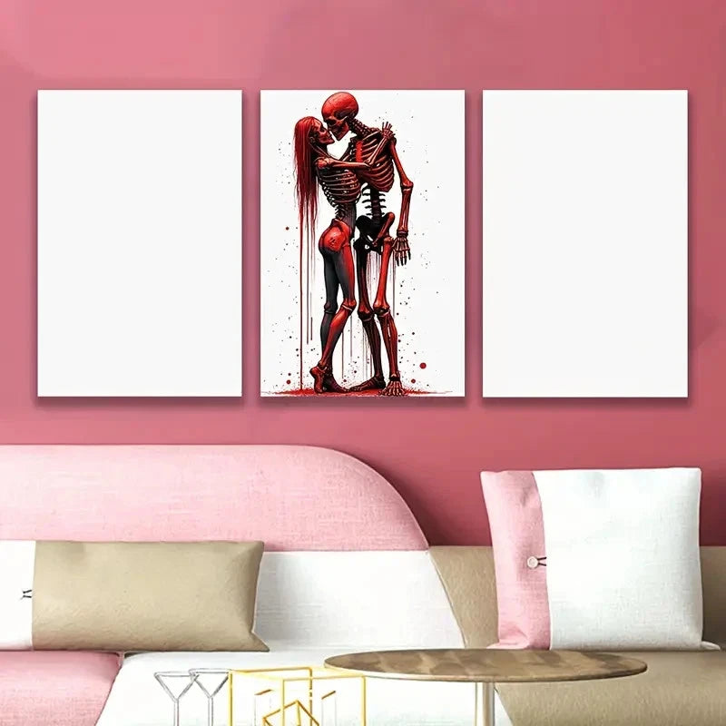 3pcs Gothic Skeleton Couple With Red Accents Wall Art Set Canvas Framed 50x70cm - High Quality Print 100% Australian Made Wall Canvas Ready to Hang
