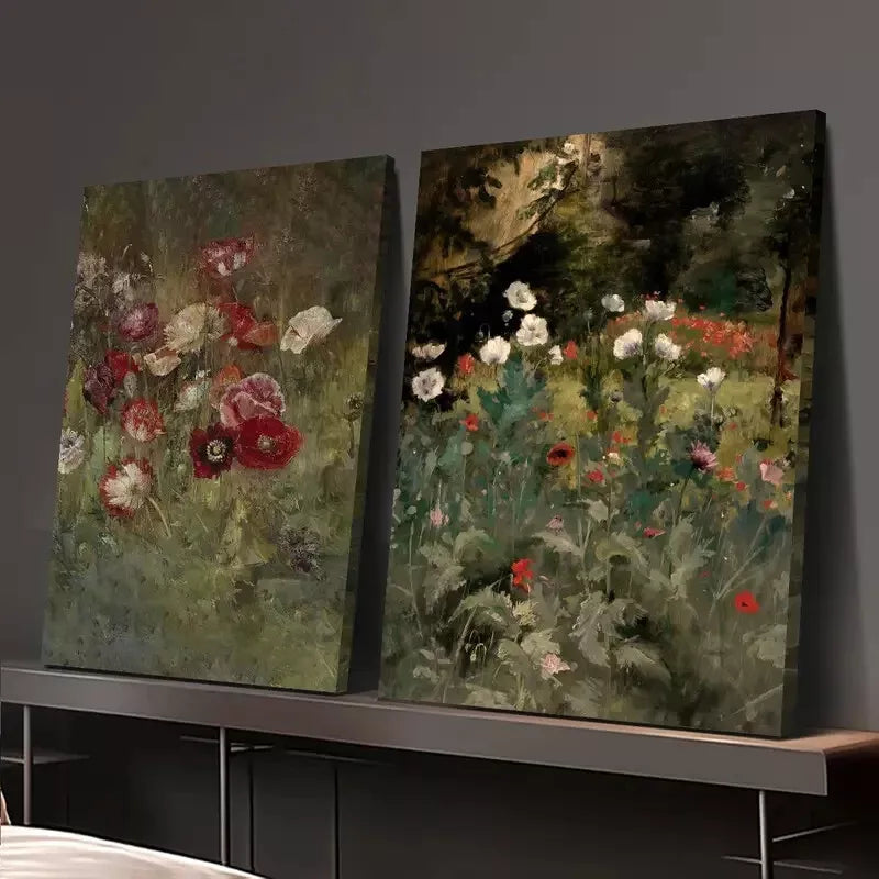 2pcs Decorative Painting, Antique Flower Meadow Canvas Framed 50x75cm - High Quality Print 100% Australian Made Wall Canvas Ready to Hang