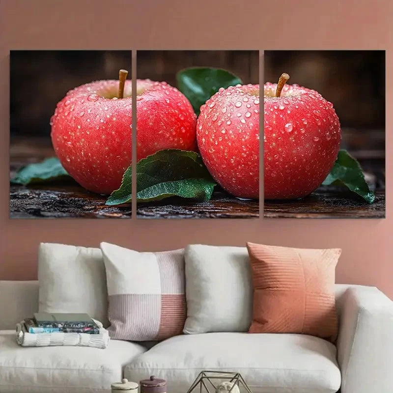 3pcs Red Apple with Leaves Illustration Metal Print Ready to Hang Art