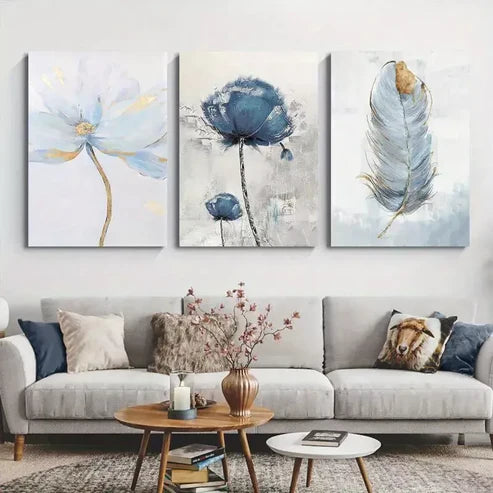 3pcs Blue Floral & Feather Abstract Wall Art Set Canvas Unframed - High Quality Print 100% Australian Made Wall Canvas