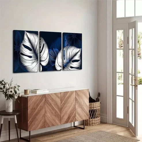 3pcs Modern Abstract Blue & White Leaves Canvas Framed 60x90cm - High Quality Print 100% Australian Made Wall Canvas Ready to Hang