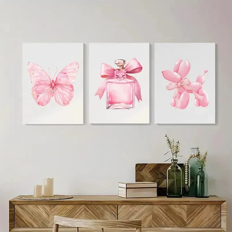 3pcs Pink Bow Decor Watercolor Bow Design Wall Art Set Canvas Framed 40x60cm - High Quality Print 100% Australian Made Wall Canvas Ready to Hang