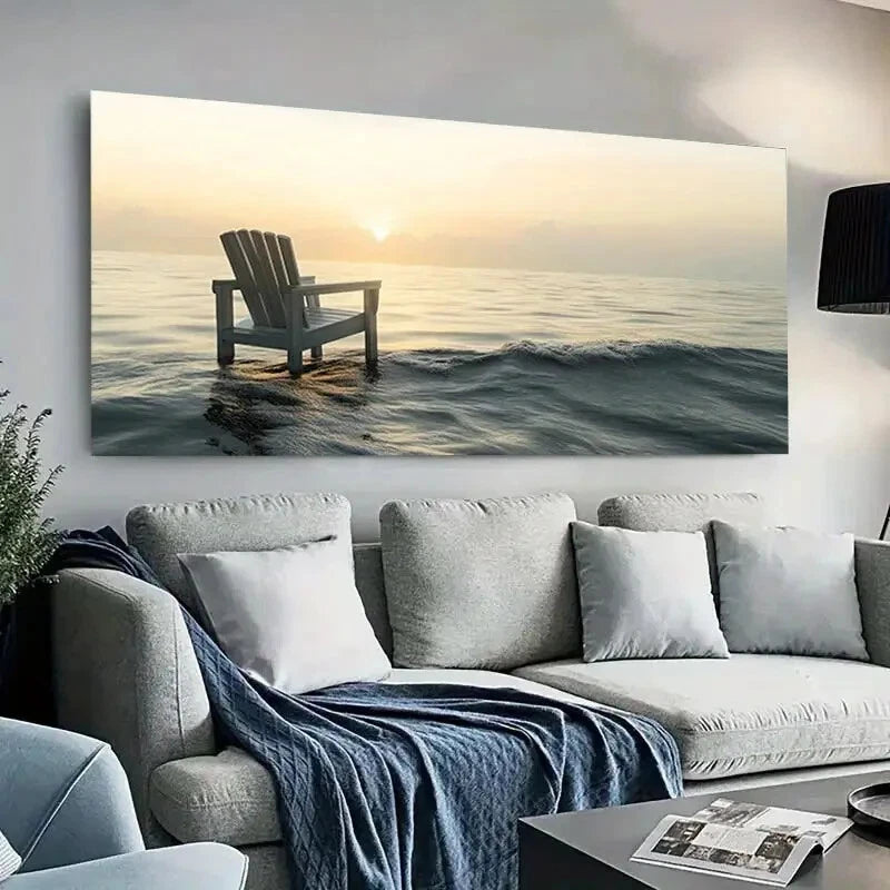 Beach Chair on Calm Sea wall canvas office home room framed 120x60cm - Bella Home Decor
