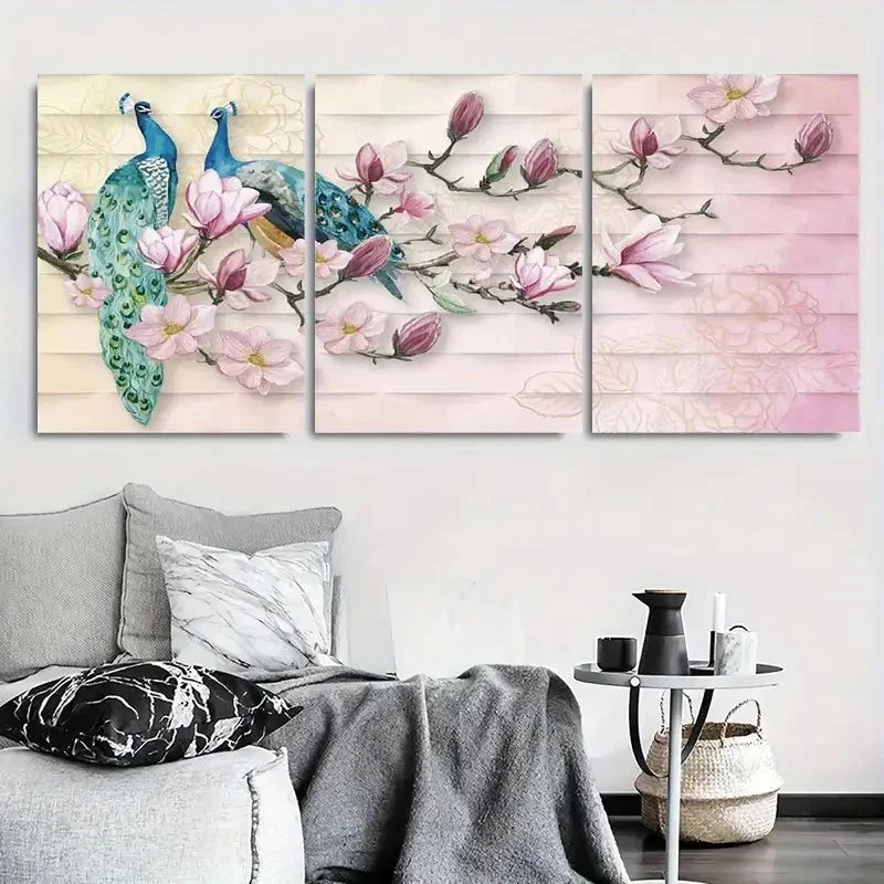 3pcs Elegant Peacock & Magnolia Floral Wall Art Set Canvas Framed 60x90cm - High Quality Print 100% Australian Made Wall Canvas Ready to Hang