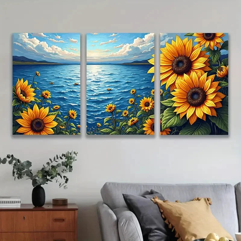 3pcs Bright Sunflower Floral With River Painting Wall Art Set Canvas Framed 40x60cm - High Quality Print 100% Australian Made Wall Canvas Ready to Hang