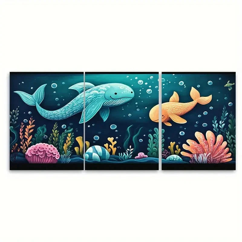 3pcs Under the Sea Nursery Illustration Wall Art Set Canvas Framed 40x60cm - High Quality Print 100% Australian Made Wall Canvas Ready to Hang