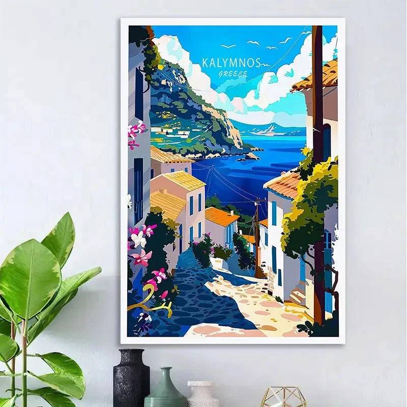Vintage Greek Island Coastal Greece Landscape Travel Poster Print Wall Art