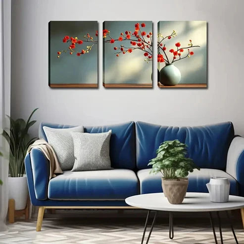 3pcs Elegant Red Plum Blossom Triptych Perfect Wall Art Canvas Unframed - High Quality Print 100% Australian Made Wall Canvas