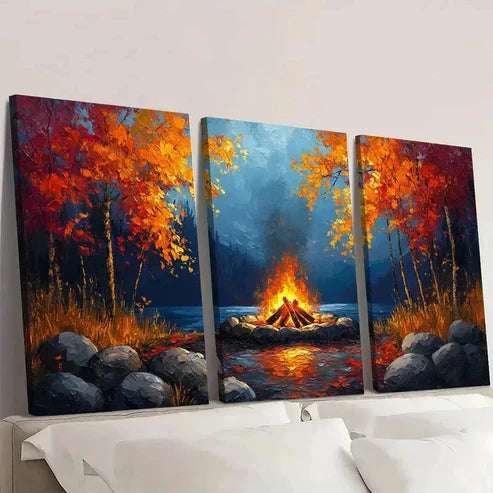 3pcs Cozy Campfire Painting Bold Tones SA Wall Art Set Canvas Unframed - High Quality Print 100% Australian Made Wall Canvas