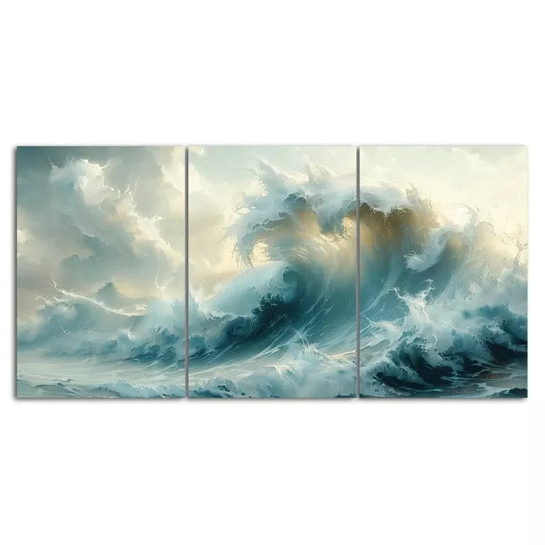 Big Ocean Wave 3 Piece Painting Canvas Framed 40x60cm - High Quality Print 100% Australian Made Wall Canvas Ready to Hang