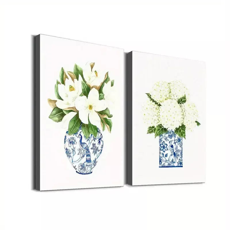 2pcs Set, Floral and Blue and White Porcelain Vase Framed 50x75cm - High Quality Print 100% Australian Made Wall Canvas Ready to Hang