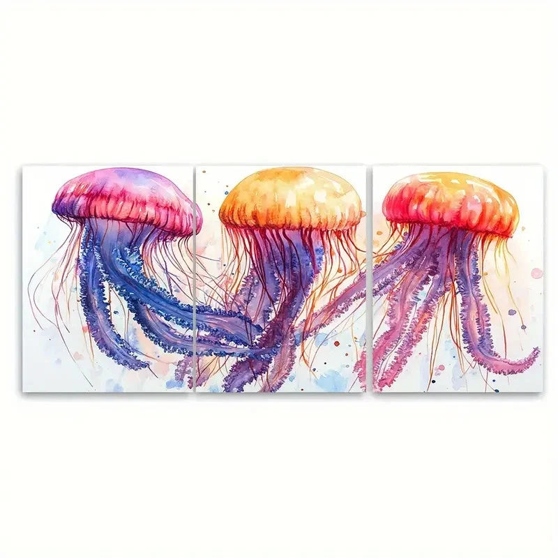 3pcs Colourful Illustrated Jellyfish Gracefully Wall Art Set Canvas Framed 60x90cm - High Quality Print 100% Australian Made Wall Canvas Ready to Hang