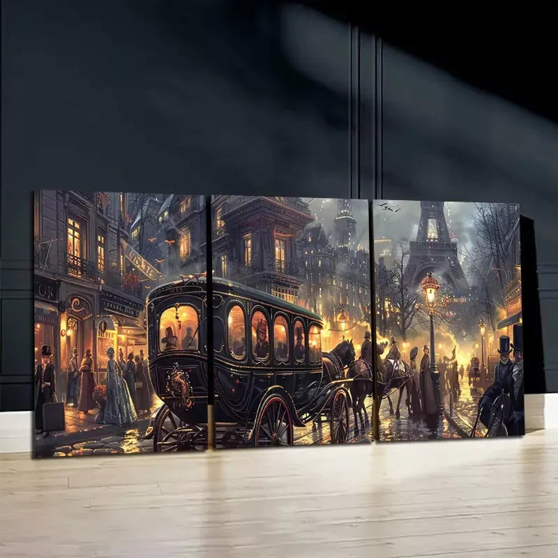 3pcsPainting Road Of Paris In The Night Wall Art Set Canvas Framed 50x70cm - High Quality Print 100% Australian Made Wall Canvas Ready to Hang - Bella Home Decor