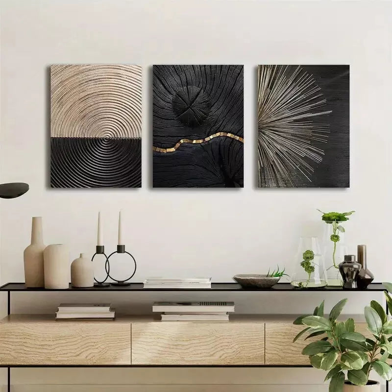 3pcs Luxury Black & Golden Wood Grain Canvas Framed 40x60cm - High Quality Print 100% Australian Made Wall Canvas Ready to Hang