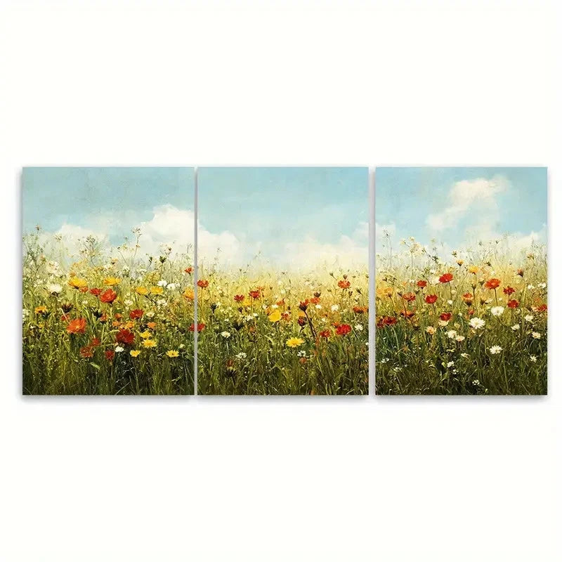 3pcs Summer Bliss Vintage Wildflower Field Wall Art Set Canvas Framed 60x90cm - High Quality Print 100% Australian Made Wall Canvas Ready to Hang