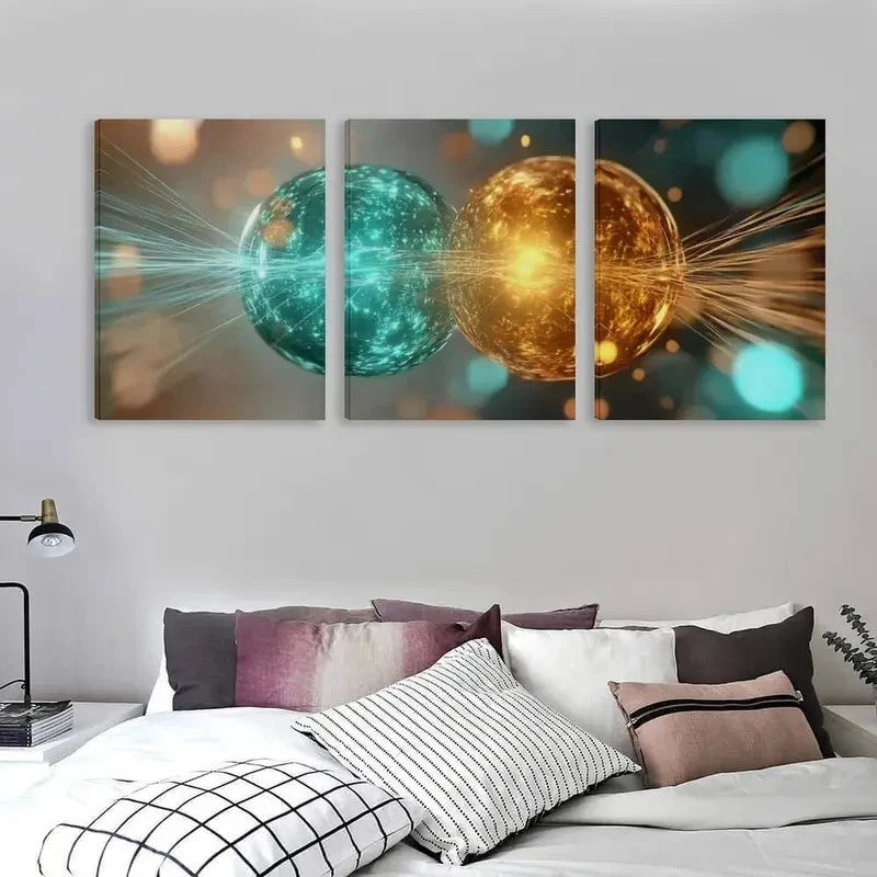 3pcs Abstract Two Spheres with Light Golden Wall Art Set Canvas Framed 60x90cm - High Quality Print 100% Australian Made Wall Canvas Ready to Hang