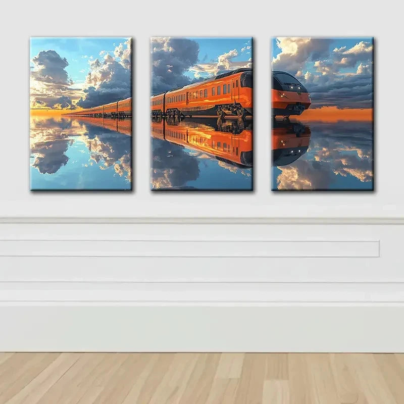 3pcs Orange Train Reflection Scene Wall Art Set Canvas Framed 50x70cm - High Quality Print 100% Australian Made Wall Canvas Ready to Hang