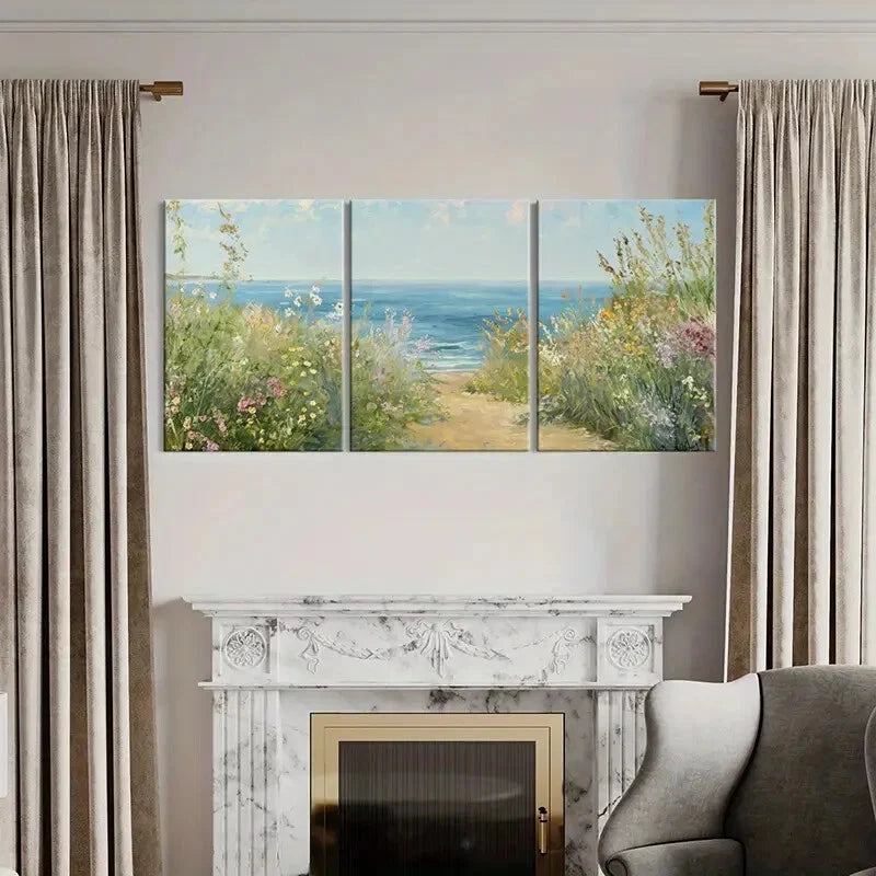 3pcs Seaside Pathway Floral Border Ocean View Metal Print Ready to Hang Art