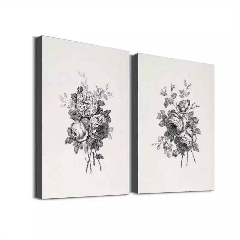 2pcs Vintage Floral Classic Modern Black and White Framed 50x75cm - High Quality Print 100% Australian Made Wall Canvas Ready to Hang