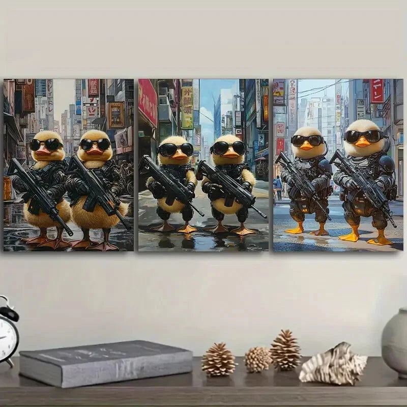 3pcs Two cute baby ducks in cyberpunk armor Wall Art Set Canvas Framed 40x60cm - High Quality Print 100% Australian Made Wall Canvas Ready to Hang