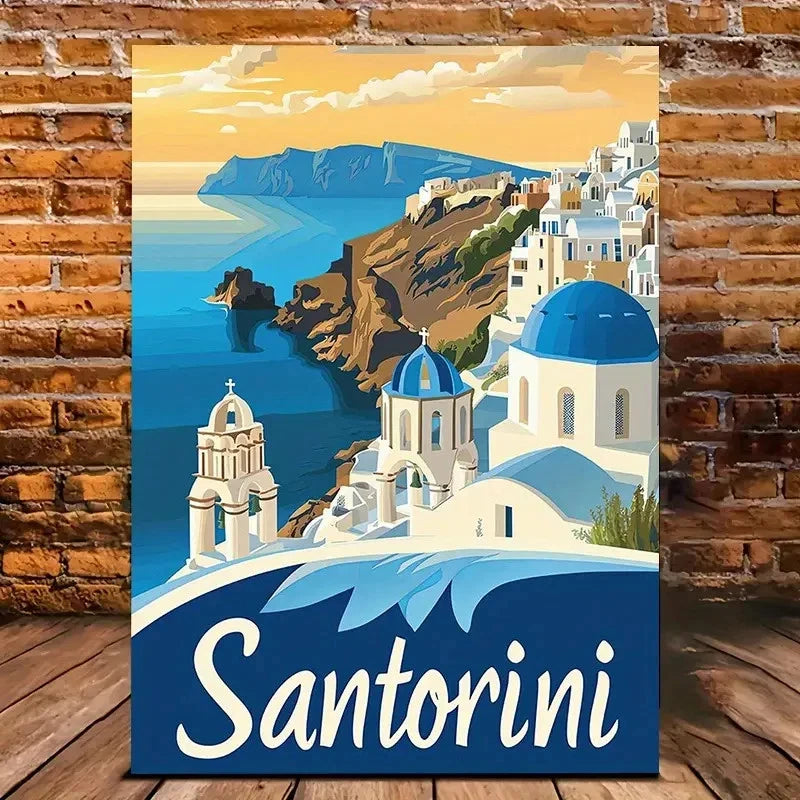 Santorini Greek Island Landscape Painting Travel Poster Print Wall Art