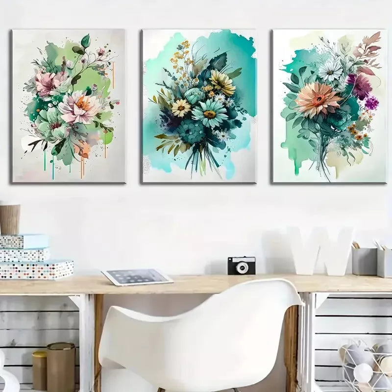 3pcs watercolor wild flowers, fashionable floral Wall Art Set Canvas Framed 40x60cm - High Quality Print 100% Australian Made Wall Canvas Ready to Hang