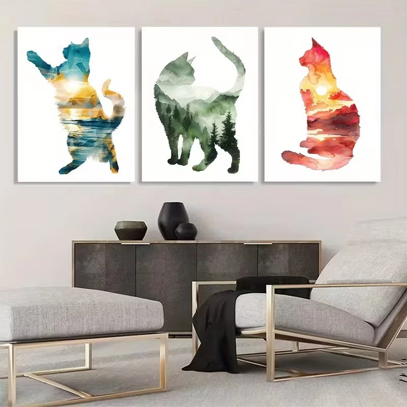 3pcs Adventure Cats Natural Forest Sunset Wall Art Set Canvas Framed 50x70cm - High Quality Print 100% Australian Made Wall Canvas Ready to Hang