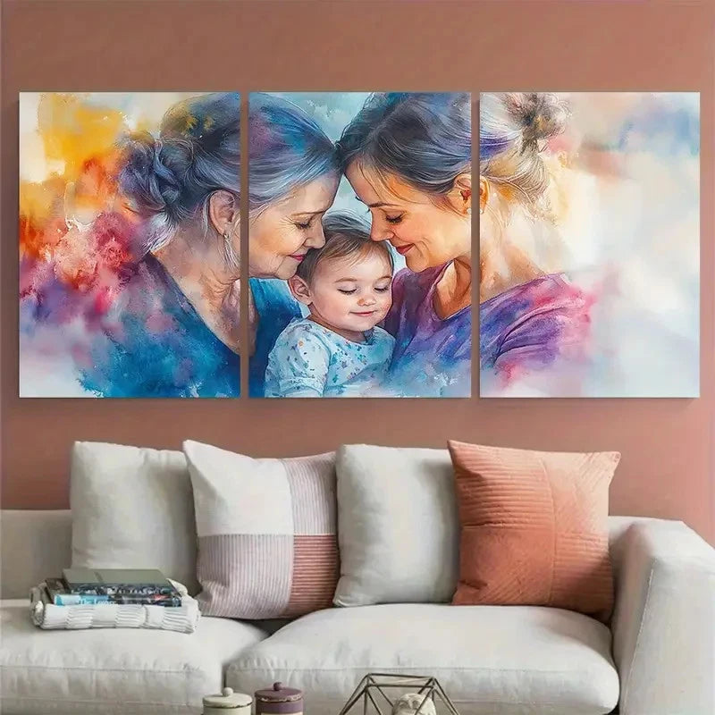 3pcs Mother Grandma Family Portrait Watercolor Wall Art Set Canvas Framed 40x60cm - High Quality Print 100% Australian Made Wall Canvas Ready to Hang