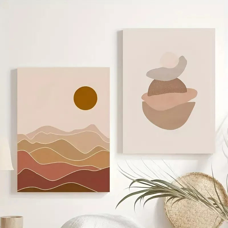 2pcs Set Beige Abstract Geometric Scenery - Framed 50x75cm - High Quality Print 100% Australian Made Wall Canvas Ready to Hang
