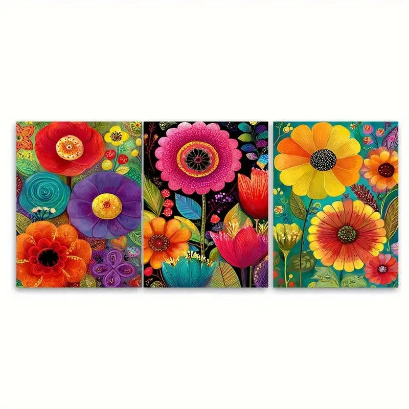3pcs Vintage Mexican Floral Illustration Wall Art Set Canvas Framed 50x70cm - High Quality Print 100% Australian Made Wall Canvas Ready to Hang
