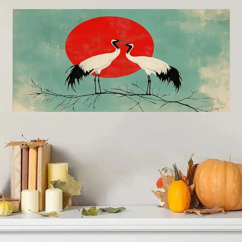 Elegant White Crane & Red Sun Wall Art Canvas Office Home Room Framed 120x60cm