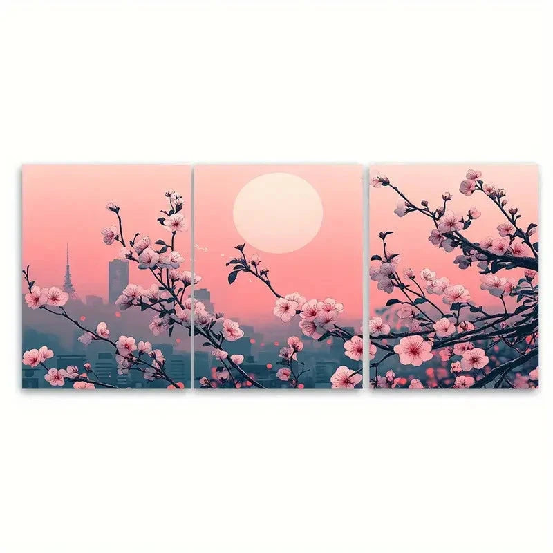 3pcs Japanese Tokyo Floral Illustration Wall Art Set Canvas Framed 60x90cm - High Quality Print 100% Australian Made Wall Canvas Ready to Hang
