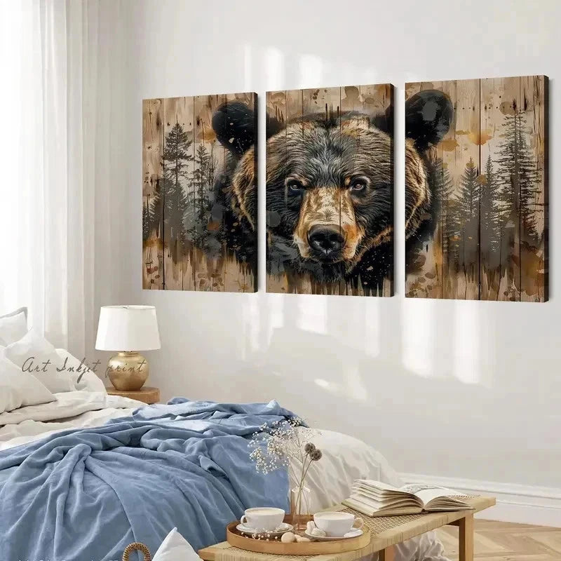3pcs Rustic Bear in Forest Canvasl Wall Art Set Canvas Framed 40x60cm - High Quality Print 100% Australian Made Wall Canvas Ready to Hang
