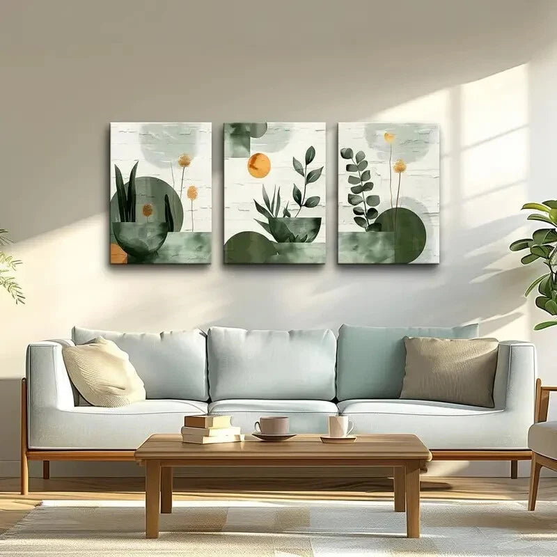 3pcs Abstract Geometric & Botanical Metal Print Ready to Hang Art