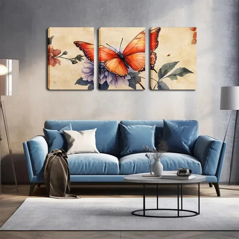 3pcs Orange-Red Butterflies Resting Perfect Wall Art Set Canvas Framed 40x60cm - High Quality Print 100% Australian Made Wall Canvas Ready to Hang