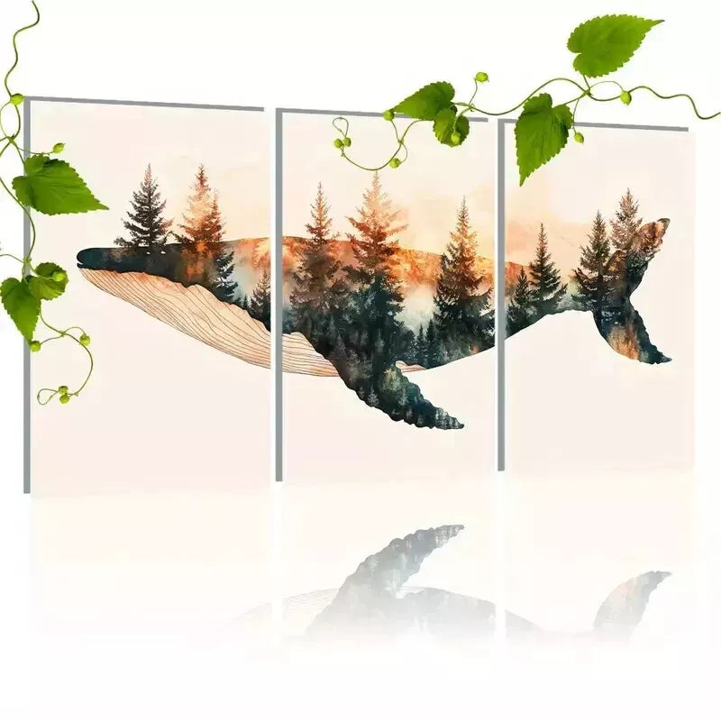 3pcs Whale & Forest Triptych Wall Art Set Canvas Framed 50x70cm - High Quality Print 100% Australian Made Wall Canvas Ready to Hang