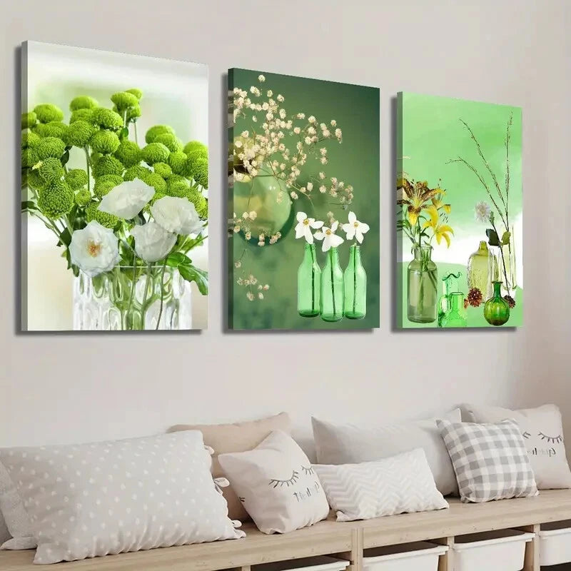 3pcs Emerald Green Bottle Plant Flower Perfect Wall Art Set Canvas Framed 40x60cm - High Quality Print 100% Australian Made Wall Canvas Ready to Hang