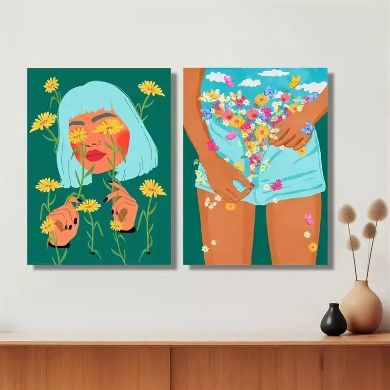 2pcs Floral Mood, So She Did The Girl Wanted to Bloom Canvas Framed 50x75cm - High Quality Print 100% Australian Made Wall Canvas Ready to Hang