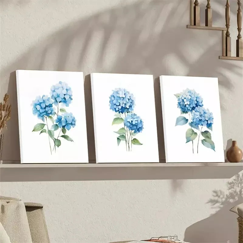 3pcs Farmhouse Blue Hydrangea Floral Wall Art Set Canvas Framed 50x70cm - High Quality Print 100% Australian Made Wall Canvas Ready to Hang - Bella Home Decor