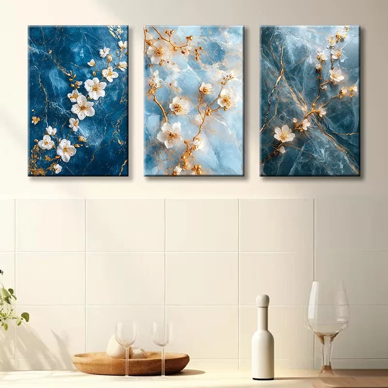 3pcs Blue, White & Golden Flowers Wall Art Set Canvas Framed 60x90cm - High Quality Print 100% Australian Made Wall Canvas Ready to Hang