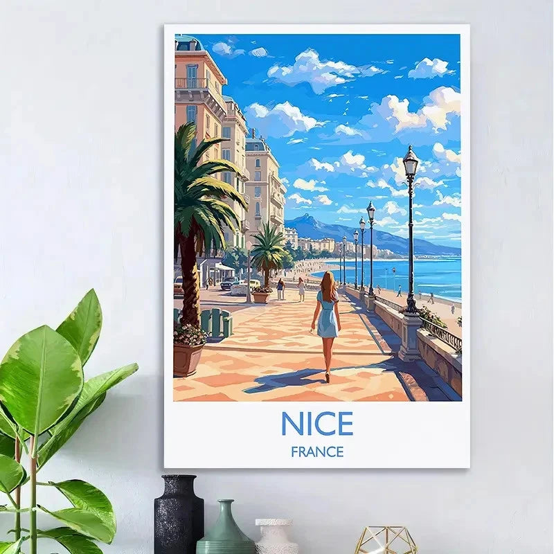 Vintage Nice France Coastal Woman Blue Dress Travel Poster Print Wall Art