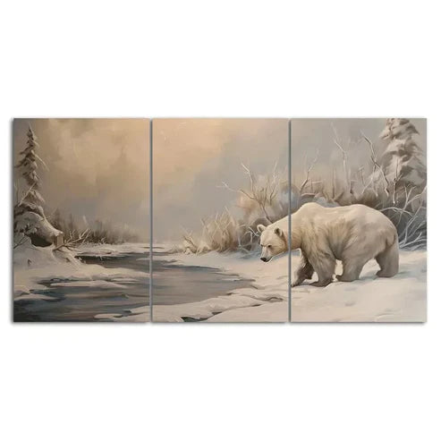 Polar Bear Winter Scenery 3 Piece Painting Style Canvas Framed 60x90 cm - High Quality Print 100% Australian Made Wall Canvas Ready to Hang