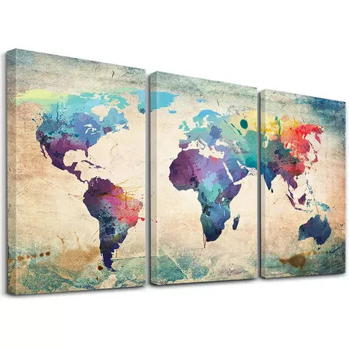 3pcs Colorful World Map Canvas Framed 60x90cm - High Quality Print 100% Australian Made Wall Canvas Ready to Hang
