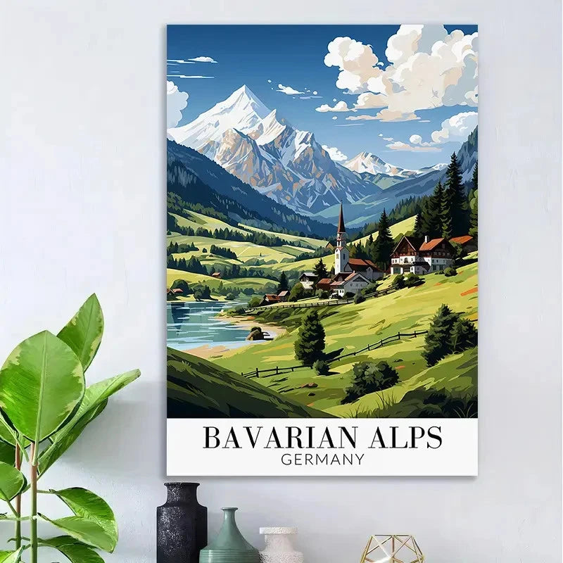 Bavarian Alps Germany Vintage Snow-Capped Travel Poster Print Wall Art