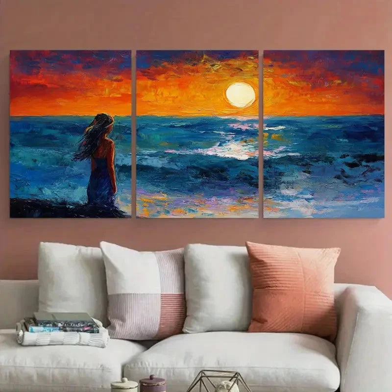 3pcs Girl Beach Night Seascape Design Wall Art Set Canvas Framed 40x60cm - High Quality Print 100% Australian Made Wall Canvas Ready to Hang